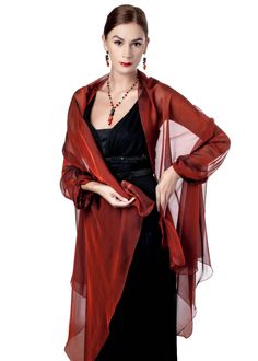 "100% silk stole wrap with sleeves made with finest iridescent chiffon of Venetian Red color. Great accessories for elegant evening dress ------------------------------------------------------------ Please measure your arms and bust before to order: Fits sizes S - XL BUST: 32 - 40 inches UPPER ARMS: 11-13 inches WRISTS: 8 - 10 inches ----------------------------------------------------------- NB:The sleeves of this stole are made just to hold this wrap on your forearms, but not to wear it as a j Silk Shawl Scarf For Party, Red Silk Shawl For Wedding, Elegant Silk Scarf For Formal Occasions, Silk Shawl For Evening, Elegant Formal Silk Scarf, Formal Organza Shawl, Elegant Silk Shawl Scarf For Formal Occasions, Elegant Red Shawl For Party, Red Silk Scarf For Wedding