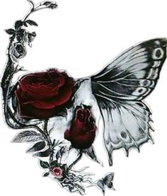 a drawing of a butterfly with roses on it's back and wings flying in the air