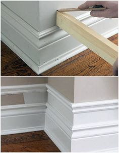 two pictures showing how to paint the base of a wall with white trim and wood flooring