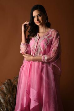 Pink leaf embroidered sheer kaftan with beads. Paired with coordinating pant and inner crop top. - Aza Fashions Anarkali Pant Set With Dabka Work For Wedding, Traditional Pant Set With Sheer Dupatta For Designer Wear, Chanderi V-neck Sets For Wedding, V-neck Kaftan With Dabka Work For Wedding, Elegant Anarkali Set With V-neck And Resham Embroidery, Elegant Anarkali Set With Resham Embroidery And V-neck, V-neck Chanderi Sets For Wedding, Designer Wear Sets With Resham Embroidery And V-neck, Georgette V-neck Designer Wear Sets