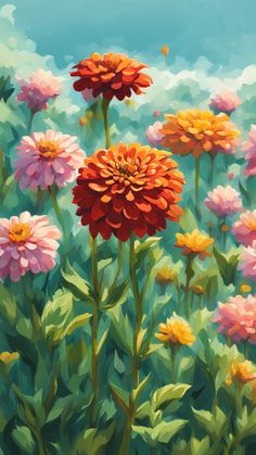 an oil painting of colorful flowers in a field