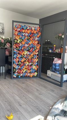 a room that has a bunch of candy on the wall