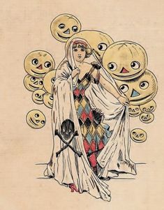 a drawing of a woman holding an umbrella in front of emoticting smiley faces