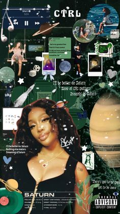 a collage of photos and text on the cover of a magazine, featuring an image of a woman in a black dress