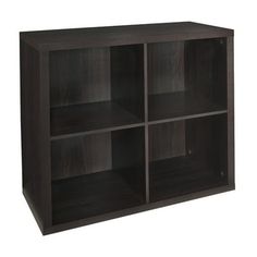 an open bookcase with four shelves on one side and three doors on the other