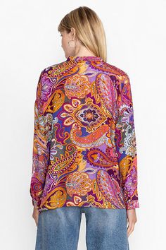 Crafted from 100% luxurious silk, the Audrey Oversized Shirt is embellished with a vibrant paisley detailed pattern. Featuring a collared button front and a drop shoulder sleeve, this relaxed-fit shirt is finished with side slits. Pair with fitted pants and leather flats for a polished casual ensemble. Johnny Was Women's Audrey Oversized Shirt in Sandalwood Pink, Size 2XL, Silk/Leather Drop Shoulder Sleeve, Polished Casual, Fitted Pants, Women's Blouses, Oversized Blouse, Chic Outfit, Embroidered Jeans, Slim Pants, Johnny Was