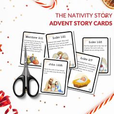 the nativity story adventure story cards are shown with scissors and candy canes next to them