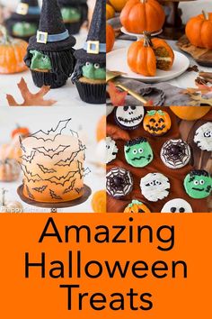 an image of halloween treats with the words amazing halloween treats on it and pumpkins in the background