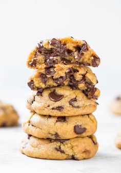 chocolate chip cookies stacked on top of each other