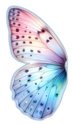 a blue and pink butterfly with white spots on it's wings, flying in the air