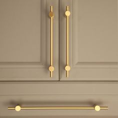 two brass handles on the front of a gray kitchen cabinet with gold pulls and knobs