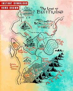 the land of bestfriend is shown in this hand - drawn map with mountains and