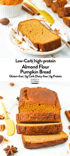 two slices of low - carb high - protein almond flour pumpkin bread on plates