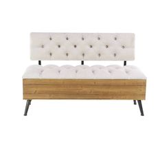 a white couch sitting on top of a wooden bench with buttons and metal legs in front of a white background