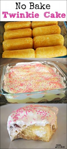 no bake twinkie cake in a glass baking dish with pink and white sprinkles