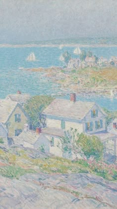 a painting of houses by the water