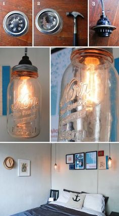 four pictures showing how to make a mason jar light fixture with an old fashioned bulb