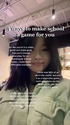 a woman with long dark hair is standing in front of a sign that says, 8 ways to make school a game for you