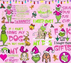 a pink poster with many different types of cartoon characters on it's back ground