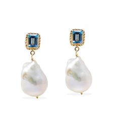 Luccichio Gold Vermeil Blue Topaz & Pearl Earrings | Vintouch Italy | Wolf & Badger Wedding Wardrobe, Fine Gold Necklace, April Birthstone Jewelry, March Birthstone Jewelry, Silver Stacking Rings, Forever Jewelry, Gold Pearl Earrings, Pearl Jewellery Earrings