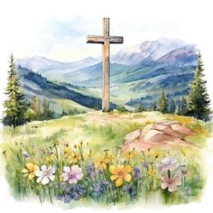 a watercolor painting of a cross on top of a hill with mountains in the background