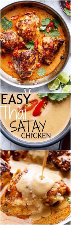 thai chicken is being served in a pan with sauce and garnish