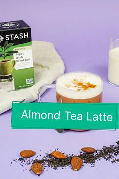 almond tea latte with carton of stash