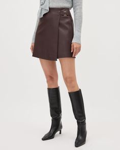 Faux Leather Mini Wrap Skirt | RW&CO. Leather Wrap Skirt, Club Skirts, Yoga Jeans, Brown Mini Skirt, Mini Wrap Skirt, Mini Wrap, Slim Fit Dress Shirts, Slim Fit Dresses, Tailored Shirts