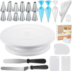 the kitchen tools are set up to be used for baking and decorating cakes, pies or cupcakes