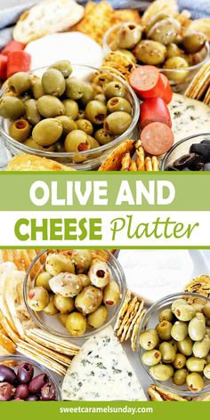 Olives in small bowls on platter with cheese and crackers. There is text written between 2 images. Easy Appies, Olive Platter, Seasoned Veggies, Party Starters, Cheese Platter, Cheat Meal, Cheese Platters, Seasonal Recipes