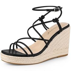 This beautiful espadrille sandal has strappy contoured cushioning and a supportive wedge heel give a long-lasting comfort. Flexible adjustment of the length of the rope to replace the unique design of the ankle strap. Strappy Lace up Sandals; Espadrille Design; Wedge Heels; Low Platform; Open Toe; Vamp: Faux Leather; Outsole: TPR; Heel: Espadrille+EVA; Heel Height: 3 8/9 inches; Platform Height: 1 inches. Beach Season Espadrille High Heel, Espadrille Heels With High Heel For Vacation, High Heel Espadrille Sandals For Vacation, Espadrille High Heel Sandals For Vacation, Strappy Wedge Sandals With Heel Strap For Beach, Strappy Beach Wedge Sandals With Heel Strap, Spring Strappy Wedge Sandals With Cushioned Footbed, Strappy Wedge Sandals With Removable Insole For Spring, Strappy Summer Heels With Cushioned Footbed