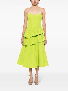 Marchesa Notte Taffeta Tiered Midi Dress - Farfetch Green Ankle Length Dress, Fitted Taffeta Midi Dress, Spring Taffeta Midi Cocktail Dress, Spring Taffeta Midi Dress For Cocktail, Strapless Midi Dress With Ruffled Fitted Bodice, Green Tiered Ruffle Midi Dress, Green Tiered Midi Dress With Ruffles, Green Tiered Midi Dress With Ruffle Hem, Green Taffeta Dress With Fitted Bodice