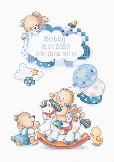 a cross stitch baby birth card with teddy bears