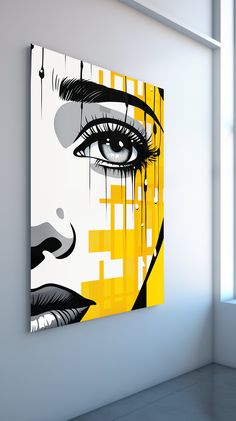 a painting hanging on the wall in an empty room with white walls and flooring