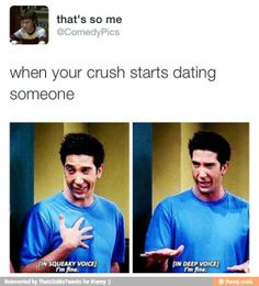 two pictures of a man in blue shirt with his hands out and the caption says, when your crush starts dating someone