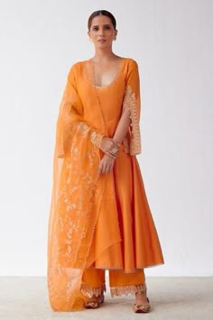 Shop for Devnaagri Orange Cotton Silk Blend Dori Embroidered Sleeve Anarkali Set for Women Online at Aza Fashions Embroidered Anarkali, Indian Designer Suits, Long Kurti Designs, Casual Indian Fashion, Desi Fashion Casual, Salwar Kamiz, Indian Dresses Traditional, Traditional Indian Outfits, Ethnic Outfits