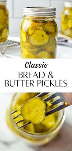 a jar filled with pickles sitting on top of a table next to a fork