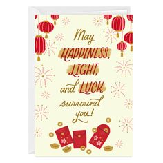 a card that says, may happiness light and luck surround you