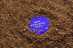 a pile of brown seeds with the words new england hay in blue surrounded by it