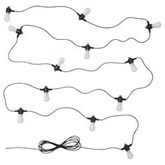 three string lights are connected to each other on a white background with black wires and plugs