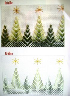 two cross stitch christmas trees with gold stars on them and the same pattern as shown