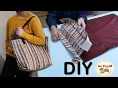 two people are holding bags on a table with the words diy in front of them