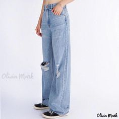 Olivia Mark - Contemporary High-Waisted Distressed Wide-Leg Jeans - Light Blue Ripped Cotton Wide Leg Bottoms, Ripped Wide Leg Cotton Bottoms, High Rise Ripped Cotton Pants, Ripped High Waist Relaxed Fit Pants, Relaxed Fit Distressed Full Length Bottoms, Blue Ripped Full-length Bottoms, High Waist Relaxed Fit Ripped Pants, Ripped Blue Full-length Bottoms, Relaxed Fit Full Length Distressed Bottoms