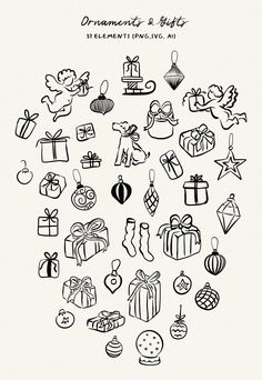 a bunch of black and white christmas items on a white background with the words, ornaments and gifts