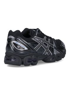 Asics 'Gel-Nimbus 9' sneakers in black mesh with leather details, silver trim, round toe, laces, mesh design, rubber sole. composition: 100% textile Gel Nimbus 9, Shoes Y2k, Athletic Gear, Asics Shoes, Fit Board Workouts, Retro Shoes, Mesh Design, Black Sneakers, Asics Gel