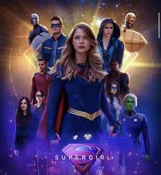 the supergirl movie poster is shown with many superheros and their names in front of them