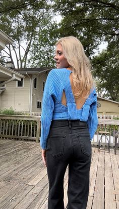 Blue Knit sweater with a v-neckline and bandage design. Fully adjustable to preference with self tie features. Bandage Design, Blue Knit Sweater, Blowout Sale, Shoe Collection, Clothes For Sale, Knit Sweater, Winter Fashion, Knitted Sweaters, Marvel