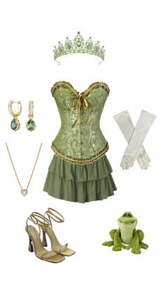 a green corset with accessories including shoes, gloves and bracelets