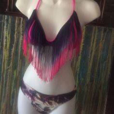 Bikini Lab Medium Triangle Long Fringed Hot Pink And Deep Purple Super Hot Bikini Top Only Only Wore To Take Photo Never Found Bottoms To Match Purple Triangle Top Swimwear For Beachwear, Purple Halter Neck Swimwear For Beach, Purple Halter Neck Swimwear For Beach Party, Bohemian Triangle Top Swimwear For Party, Pink Triangle Top Tankini For Party, Fringe Beachwear Swimwear For Pool, Fringed Beachwear Swimwear For Pool, Purple Summer Party Swimwear, Purple Triangle Top Swimwear For Festival