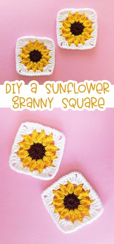 crochet sunflower granny square is shown with the words, diy a sunflower granny square